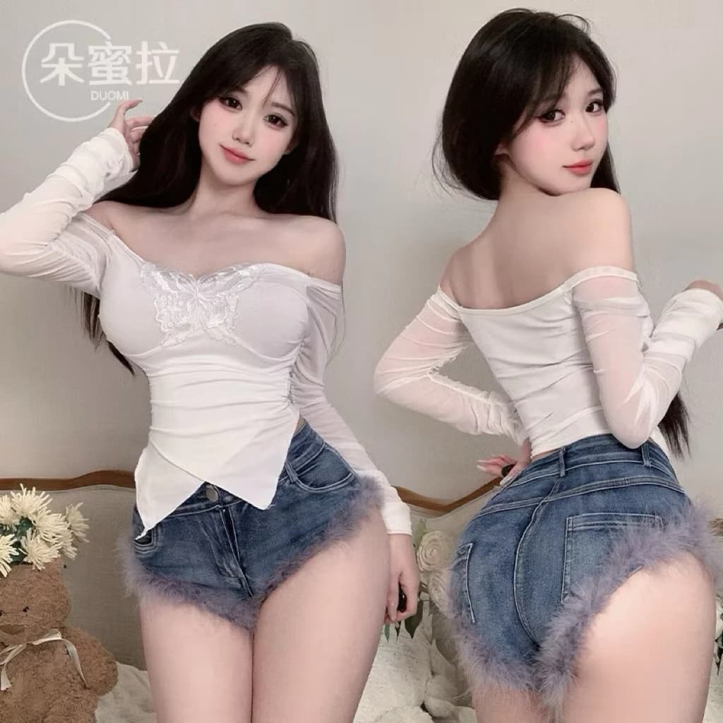 Set Đồ Nữ Áo Trễ Vai Tay Dài Phối Ren + Short Jean Viền Lông