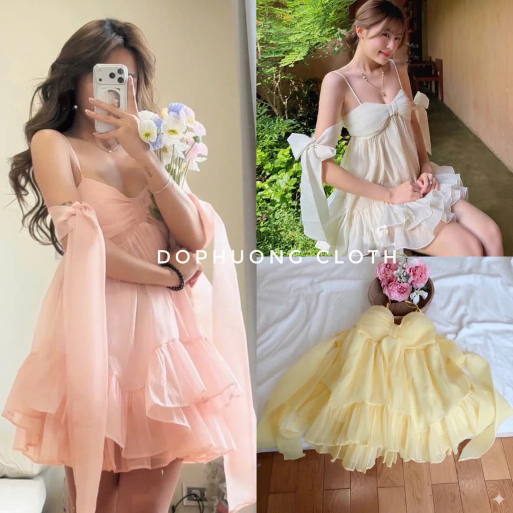 (Hàng đẹp video thật sẵn đệm mút) Đầm babydoll hở lưng dáng xoè tay rời buộc nơ Mixiz House cho mùa hè đi biển