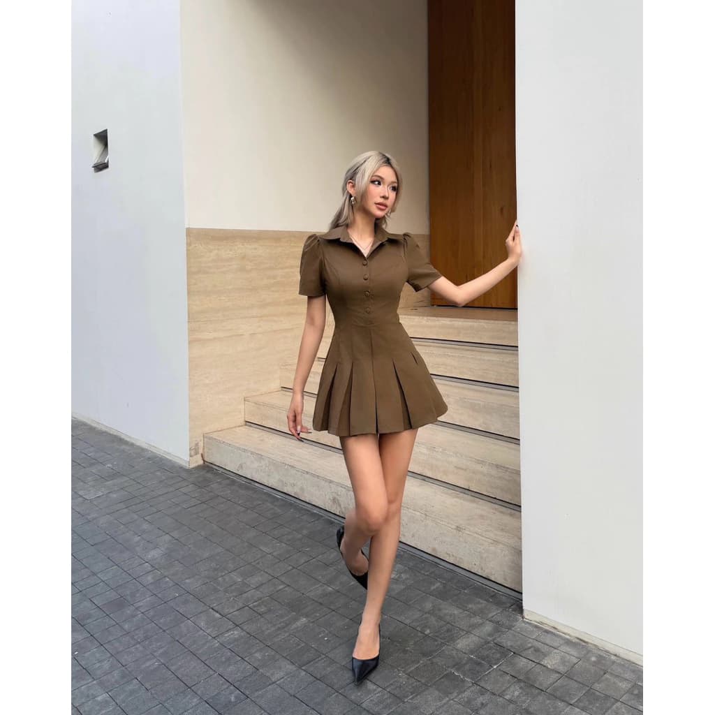 [FLORUS] Đầm Sơ Mi Bliss Cổ Trụ Dáng Xòe Xếp Ly Thiết Kế Basic Sang Trọng.