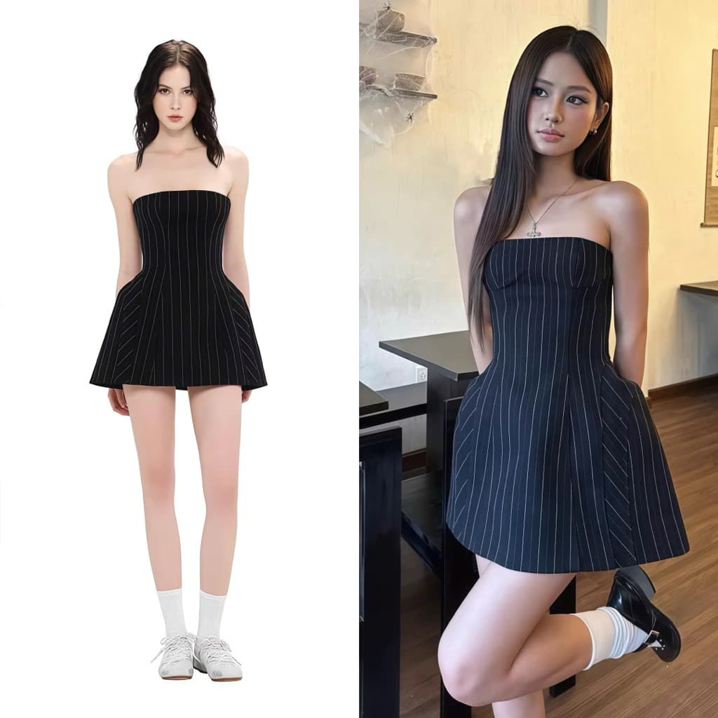 Black Striped Strapless Mini Dress – Đầm Cúp Ngực Không Dây Sọc Đen Dáng Xòe Chiết eo QuynhTrangBasic