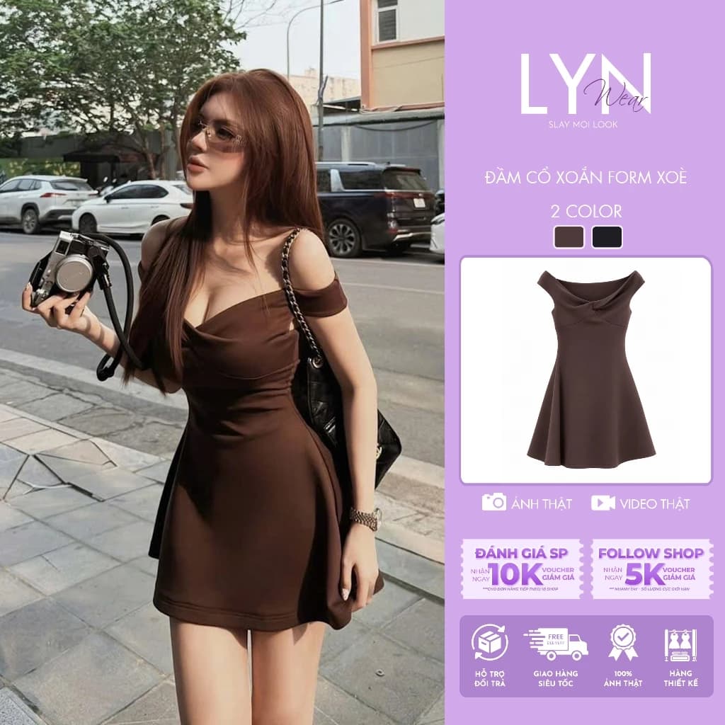 | LYN WEAR | (HOẢ TỐC) Đầm cổ xoắn form xòe MPB.Váy body nữ trễ vai basic đi chơi, đi tiệc sang chảnh mùa hè.