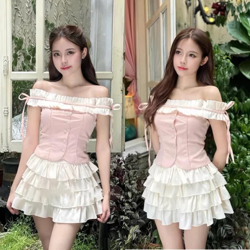 Set Áo Bẹt Vai Phối Bèo Buộc Dây Nơ Mix Chân Váy Xoè Tầng Tiểu Thư Siêu Xinh MS141