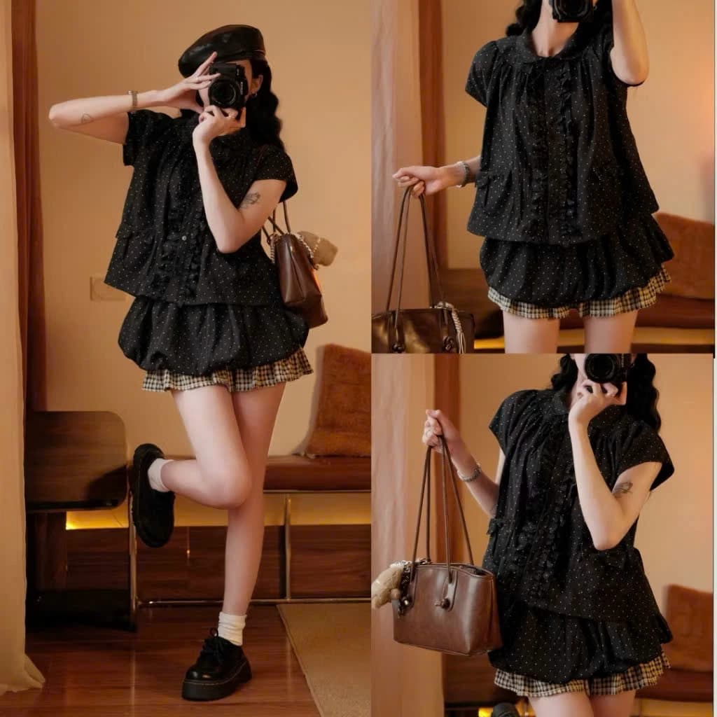 Set Áo Babydoll Chấm Bi Nữ Mix Chân Váy Bí Dáng Xinh Đi Chơi Đi Dạo Maia 2050