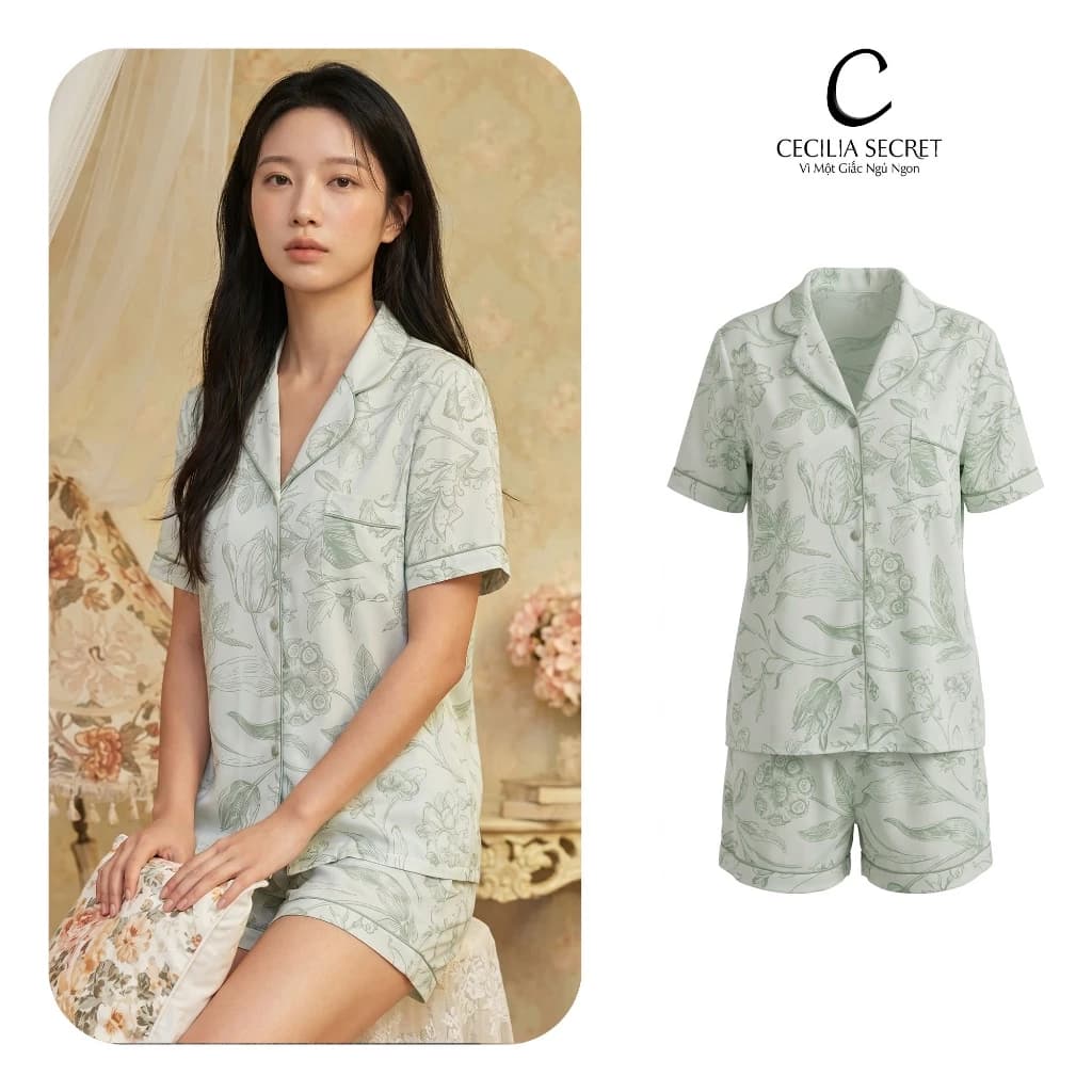 Đồ bộ nữ Celicia Pijama lụa Pháp cao cấp tay ngắn quần cọc họa tiết hoa thanh lịch