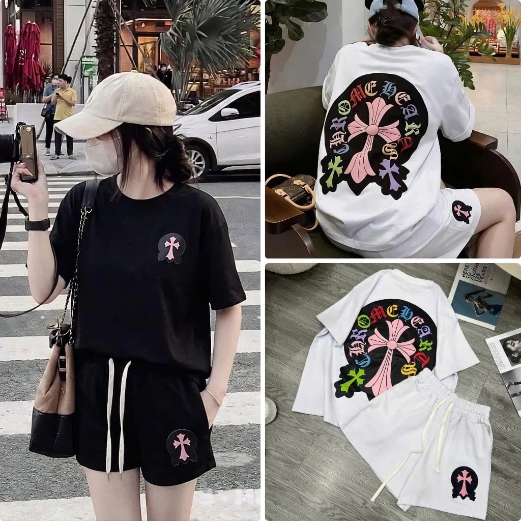 Set đùi nam nữ unisex phối logo chữ thập basic, áo phông thêu chữ kèm quần short đùi dây rút chất liệu cotton
