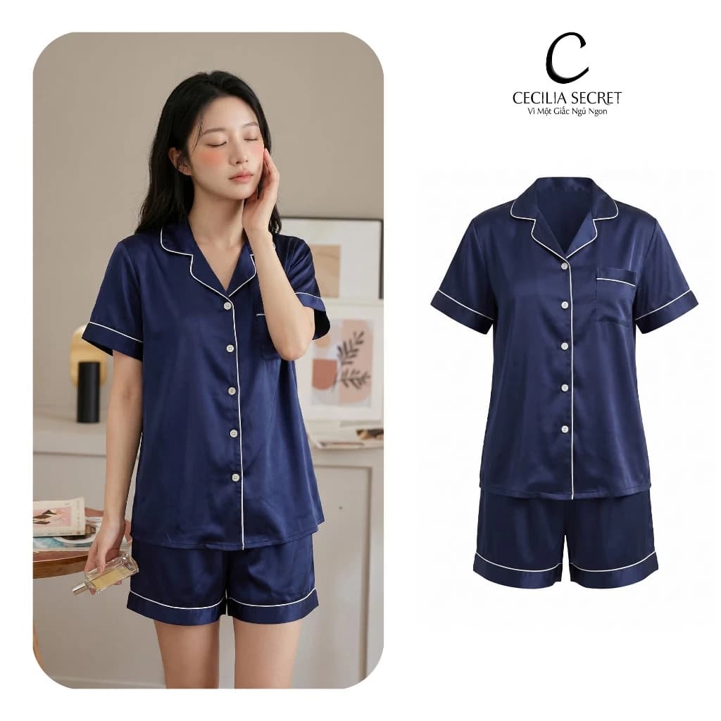 Đồ Bộ Pyjama Nữ CECILIA Mặc Nhà Tay Ngắn Quần Ngắn Chất Liệu Lụa Cao Cấp Thoáng Mát