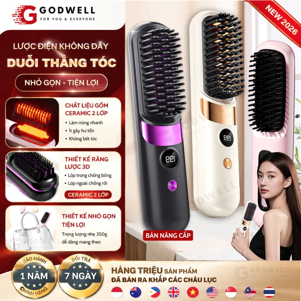 Lược Điện Chải Tóc Ion Âm Không Dây, Lược Duỗi Tóc Tạo Kiểu Không Dây, Nhỏ Gọn Dễ Mang Theo