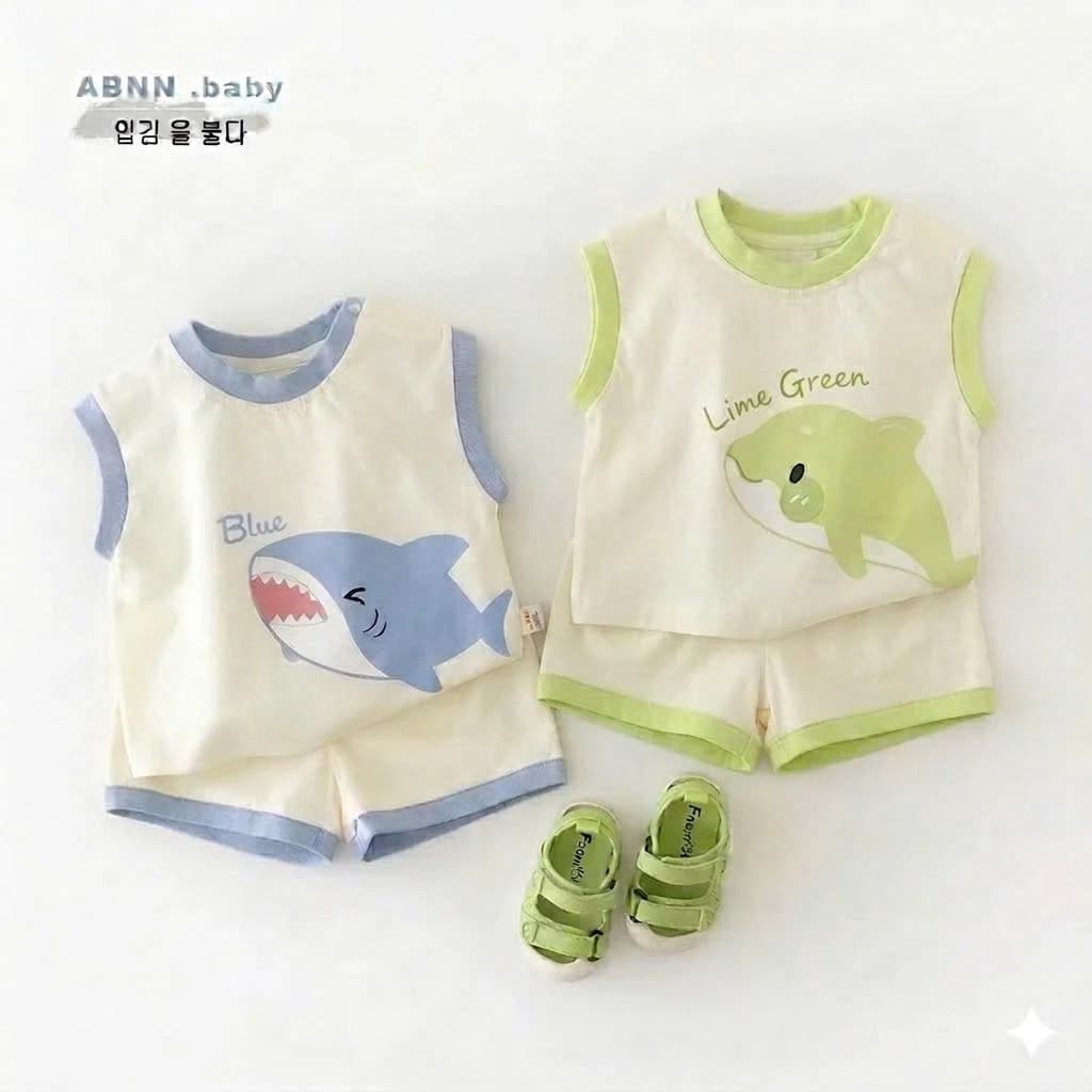 Bộ quần áo ba lỗ BABY SHARK dễ thương cho bé trai bé gái 8-18kg