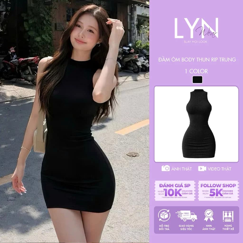 | LYN WEAR | (HOẢ TỐC) Đầm ôm body sát nách thun rip Trung mịn mát, đầm Basic màu đen dễ phối.