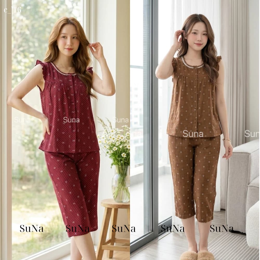 C16- Bộ Pijama Mặc Nhà Sát Nách Quần Lửng Chất Đũi Mềm Mại Thoáng Mát