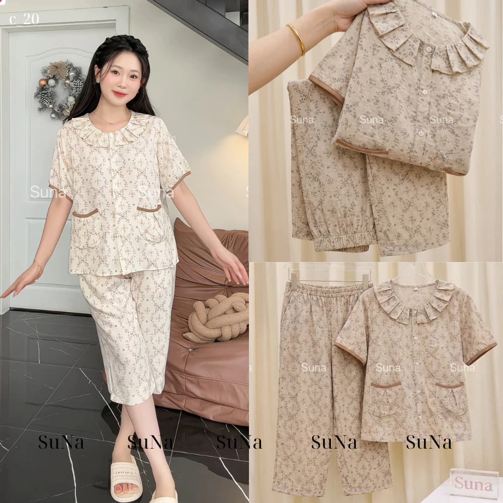 Đồ bộ mặc nhà Pijama nữ kẻ caro Suna Clothing cổ tròn,quần lửng,vải vân mây cáo cấp