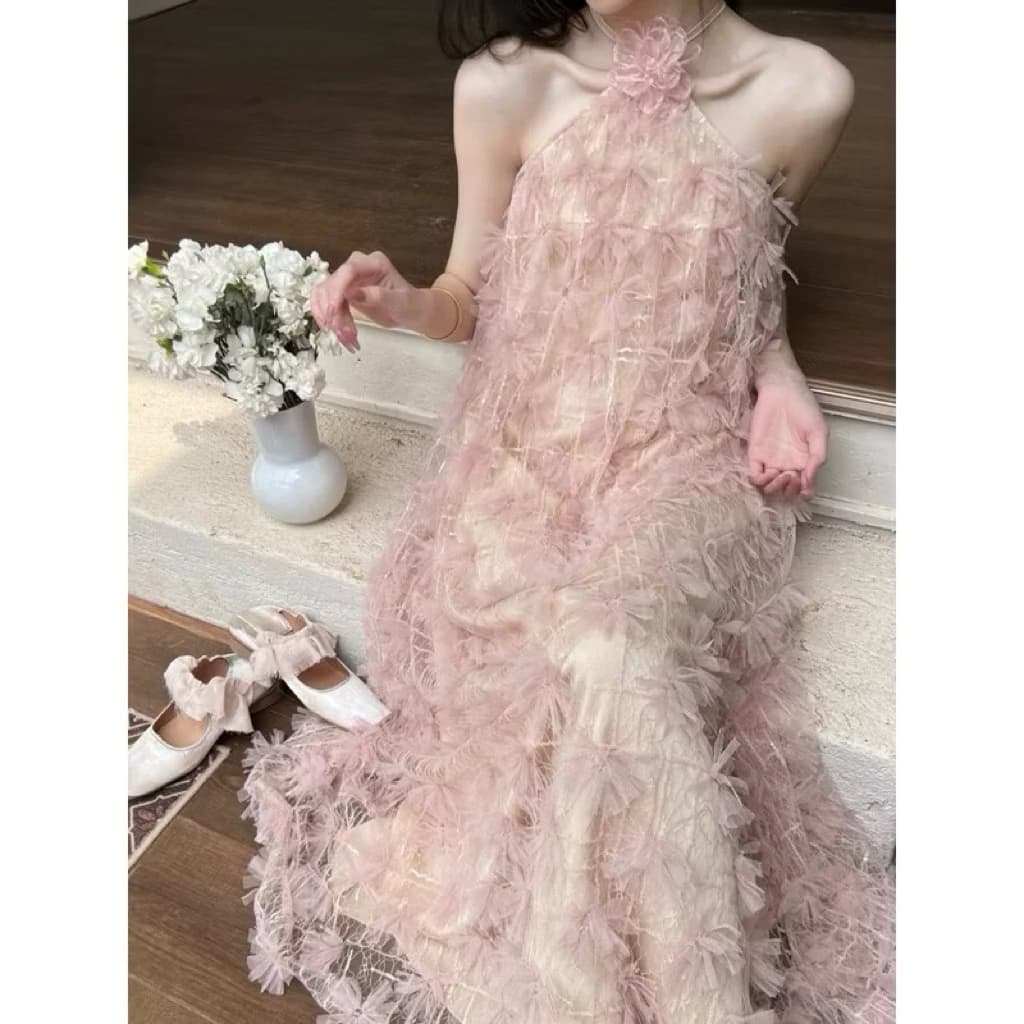 Đầm Sequin Hồng Đính Hoa 3D Lấp Lánh Sang Trọng Dự Tiệc Cao Cấp