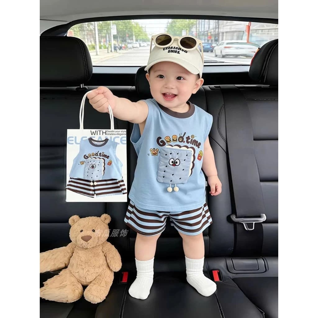Bộ ba lỗ in hình bánh quy ch bé trai, 2 màu, vải cotton thoáng mát, size 1-5 tuổi, hàng mới 2026