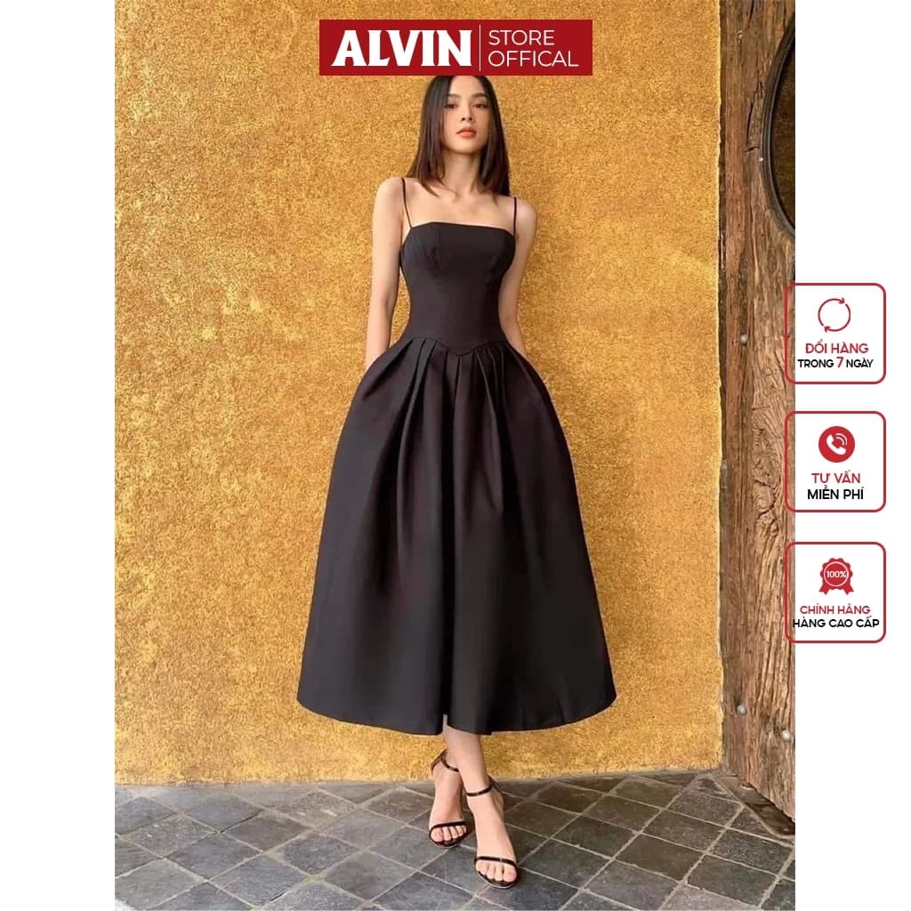 Đầm xòe dài hai dây cúp phối túi Alvin Store 1542