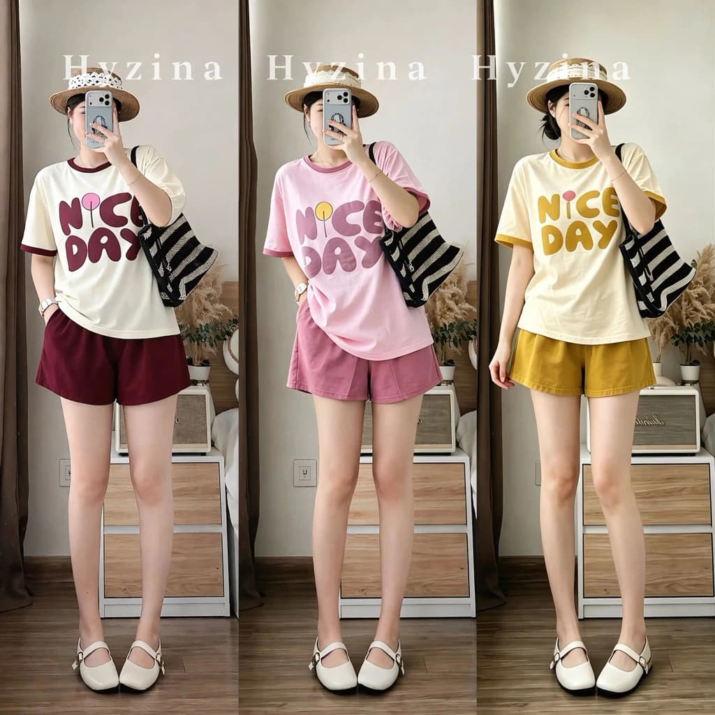 Set Đồ Nữ Hyzina, Hoạ Tiết Chữ NICE, Chất Liệu Cotton Mịn Chất Mát, Co Dãn