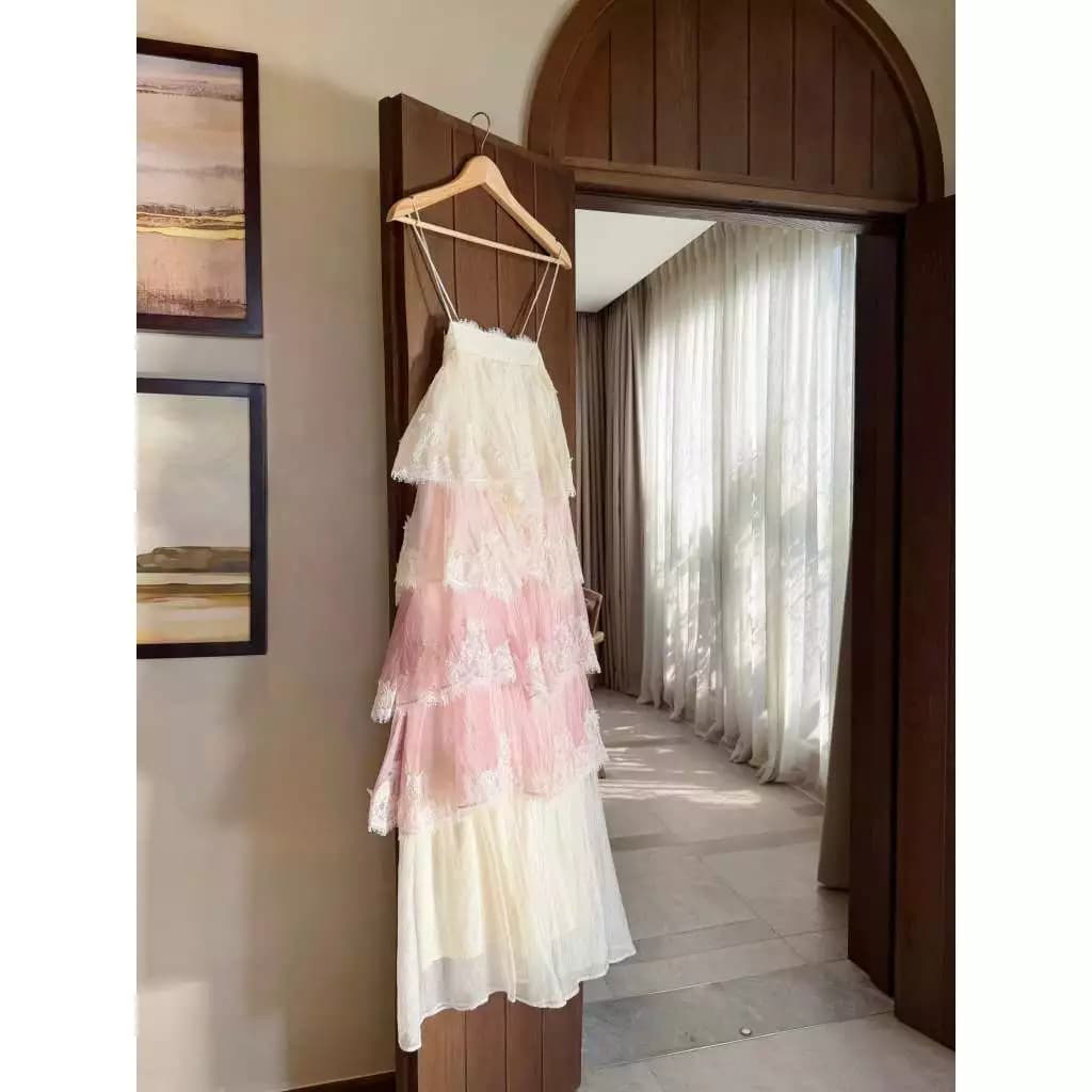 Đầm Maxi Phối Ren Loang Hồng Mùa Hè Siêu Sang