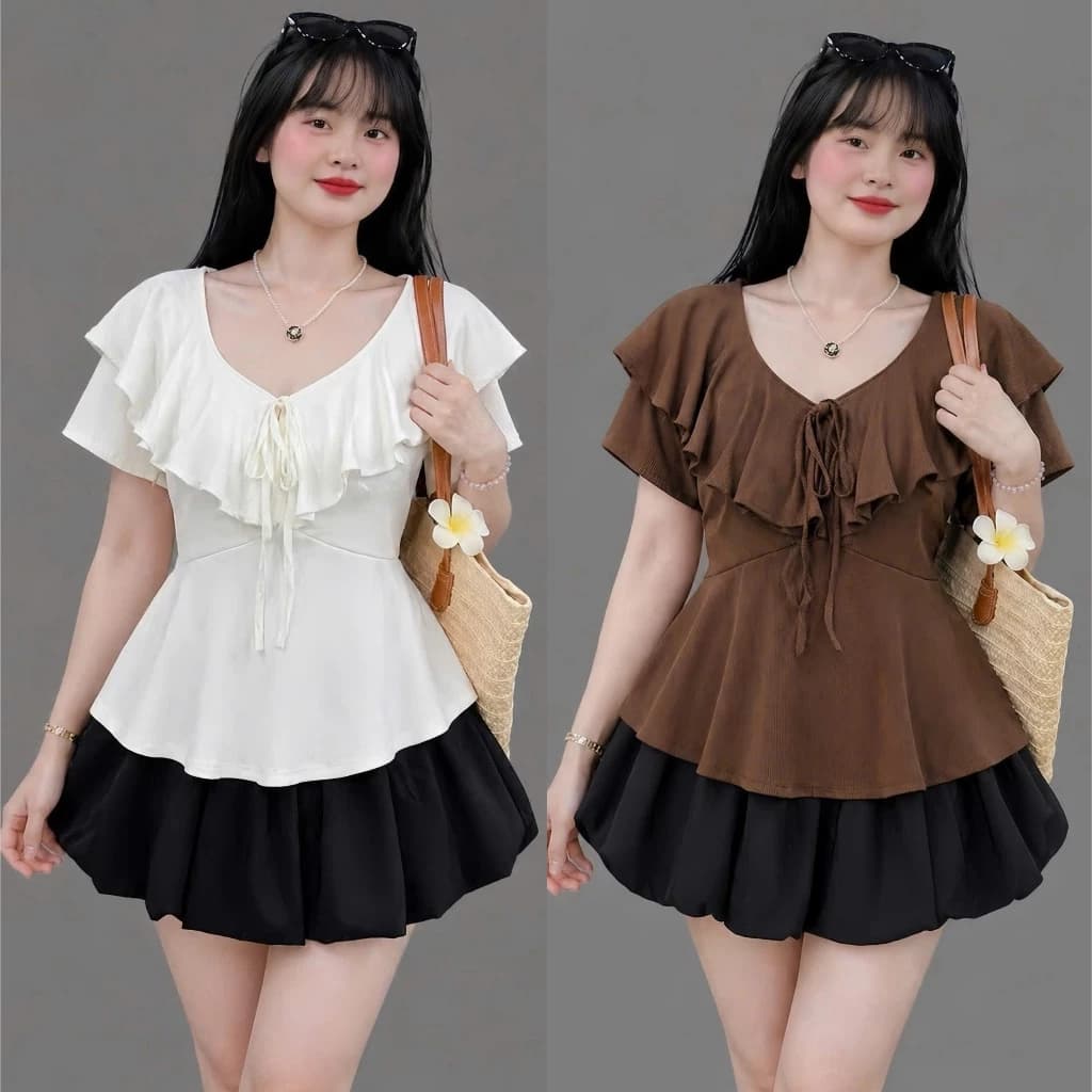 Set Kiểu Tiểu Thư Bigsize Nữ Áo Thun Kiểu Ngắn Tay Cổ Tym Quyến Rũ Kèm Chân Váy Bí Bồng Có Bảo Hộ - SET(A349/CV413)