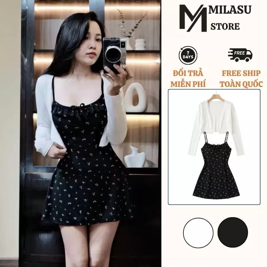 Set Váy 2 Dây  Hoa Nhí Ôm Body Kèm Khoác Choàng Milasu Đầm Dáng Ngắn Mix Áo Dài Mỏng 530