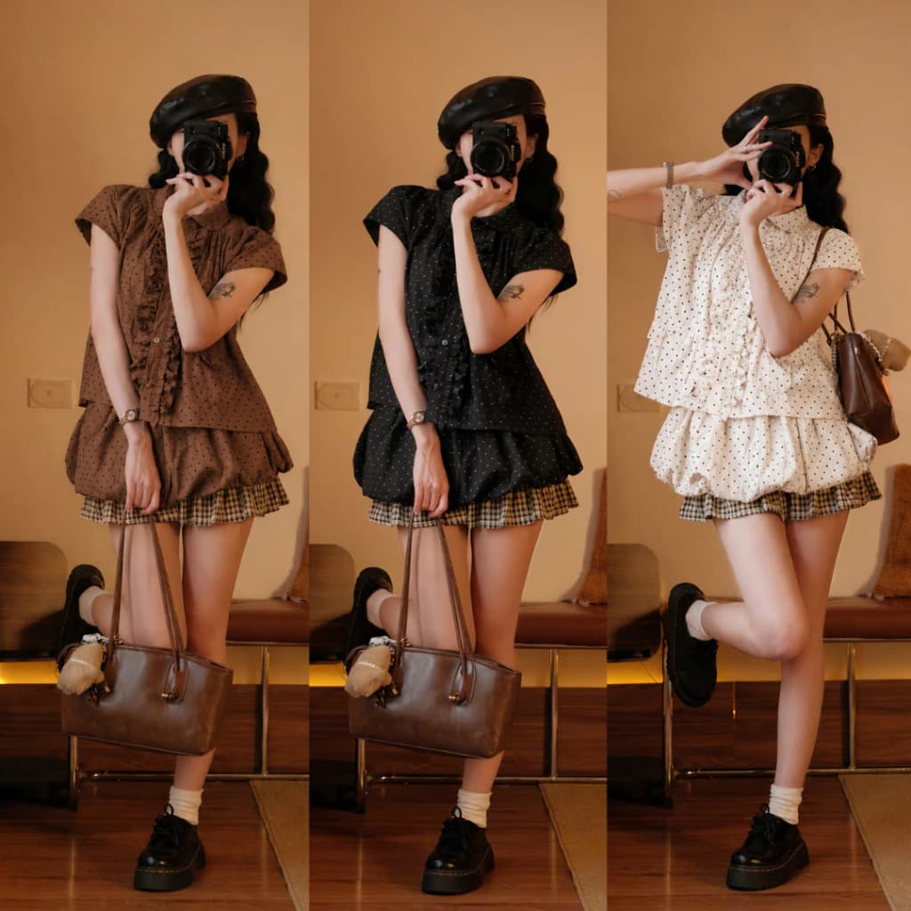 Set Áo Babydoll Chấm Bi Nữ Mix Chân Váy Bí Dáng Xinh, Set Đồ Tiểu Thư Dễ Thương Đi Chơi Đi Dạo 247Store Set2050