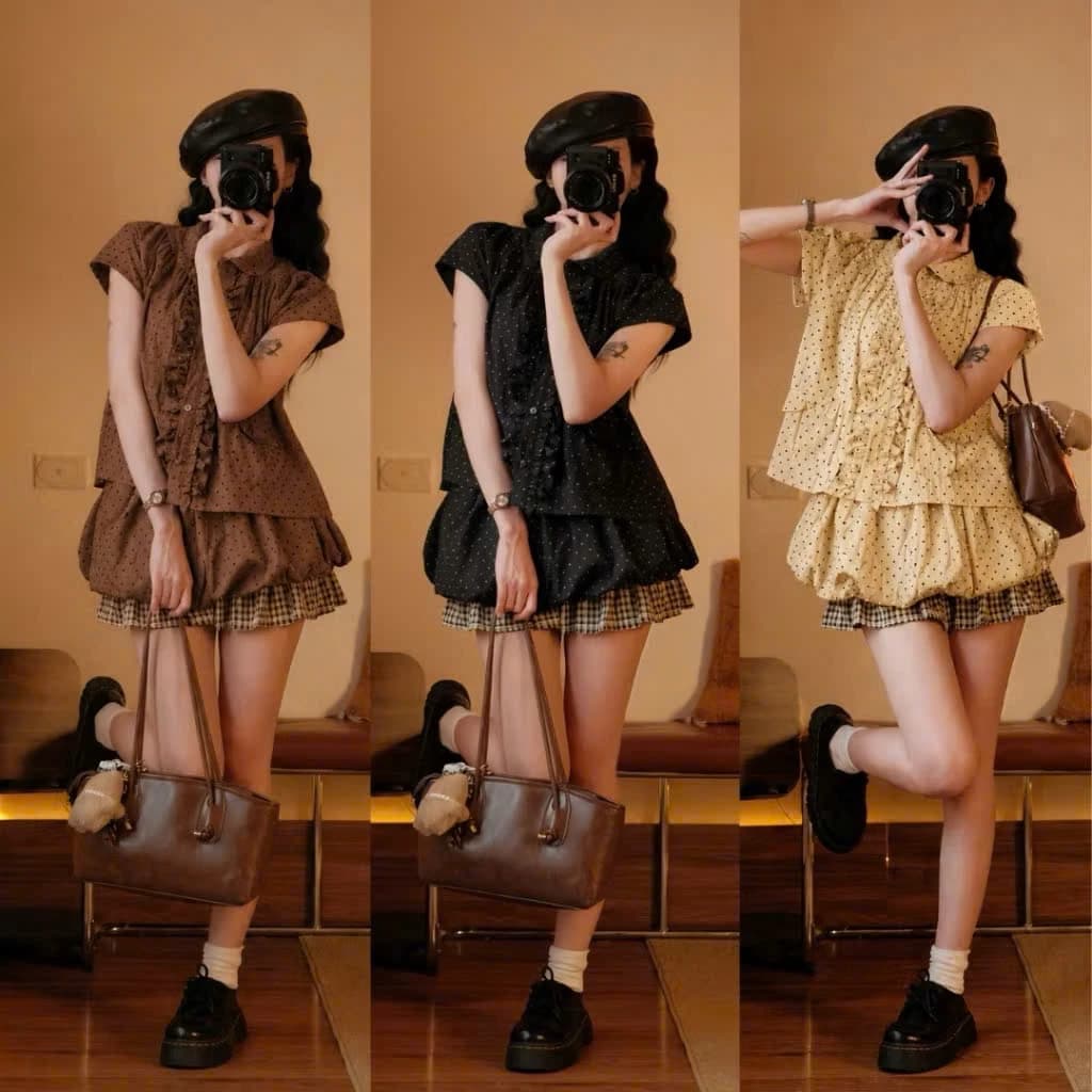 Set Áo Babydoll Chấm Bi Nữ Mix Chân Váy Bí Dáng Xinh, Set Đồ Tiểu Thư Dễ Thương Đi Chơi Đi Dạo Joolate 2050