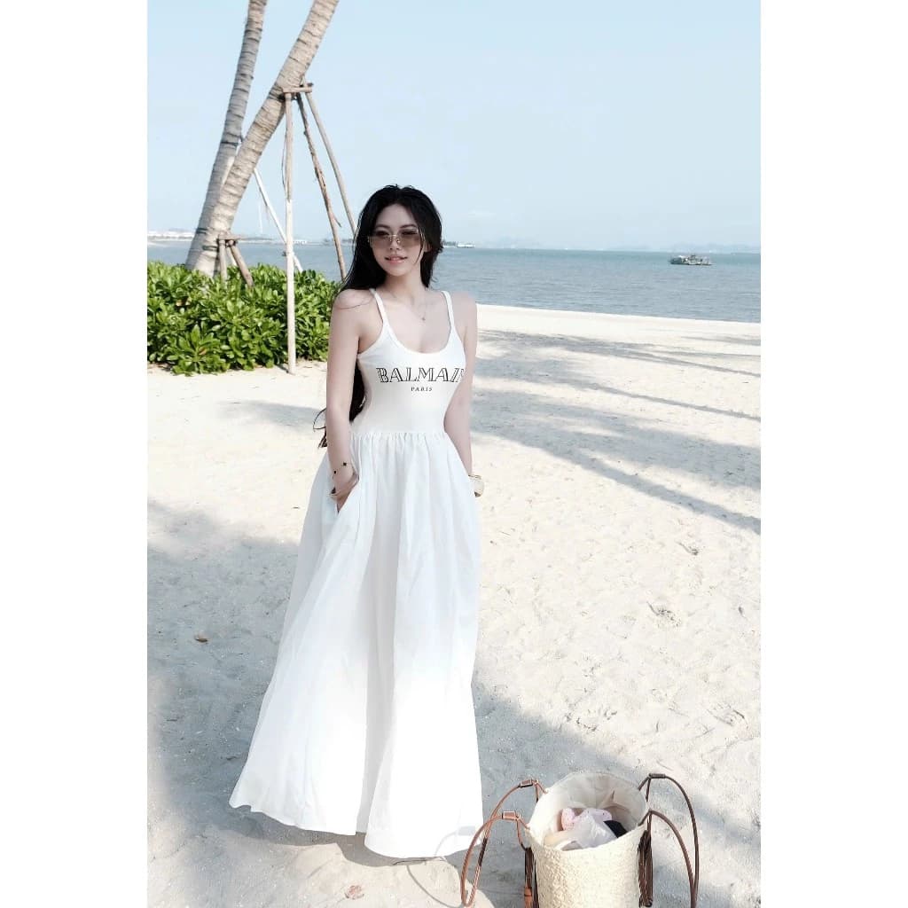 Váy 2 dây BALMAN dáng xoè dài maxi 2 màu tôn dáng đi chơi đi di lịch V29