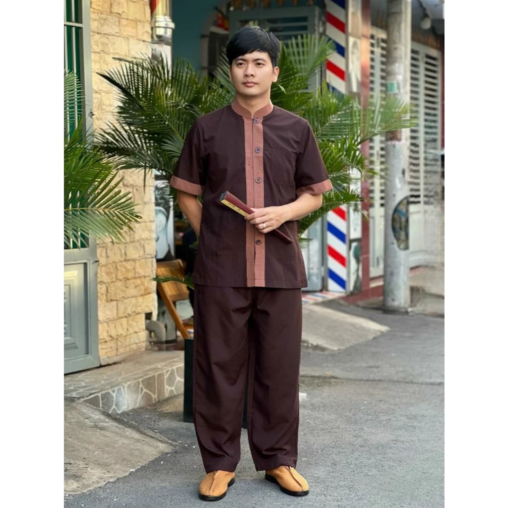 Đồ lam nam và bé trai kiểu lãnh tụ nhiều màu màu nâu phối TUỆ KHANH