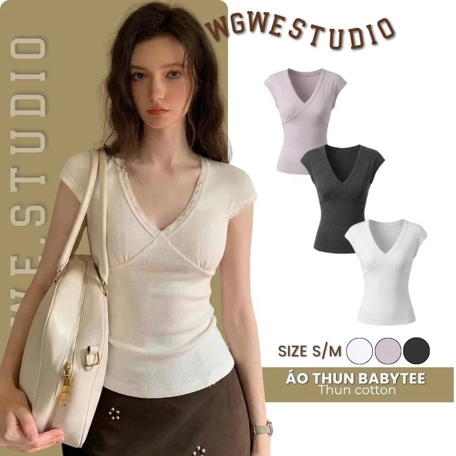 WGWE Studio Áo Thun Nữ Ôm Body – Cổ Tim Cotton Co Giãn 4 Chiều Tôn Dáng 9481