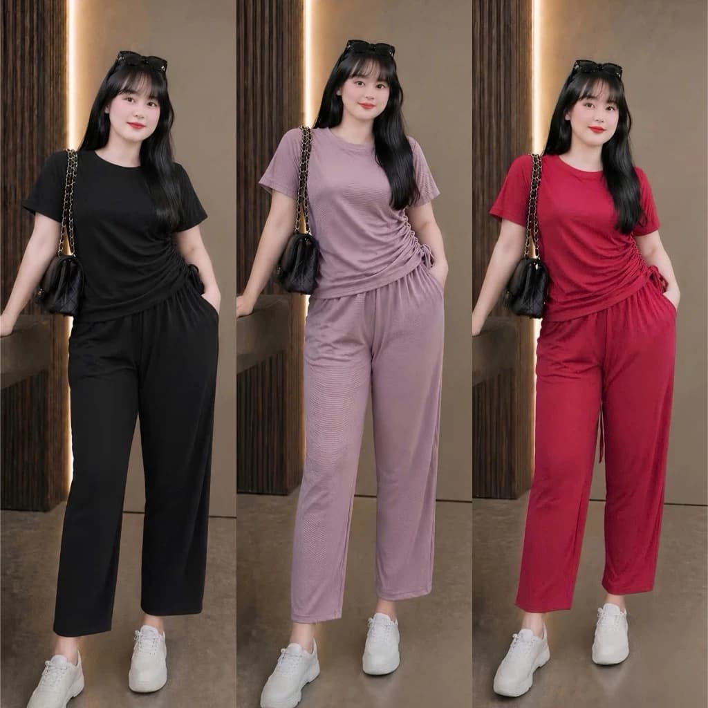 Set đồ bộ Bigsize nữ, tay ngắn kèm dây rút thắt eo một bên phối quần dài suông chất thun đũi, mang ở nhà, dạo phố- SET62