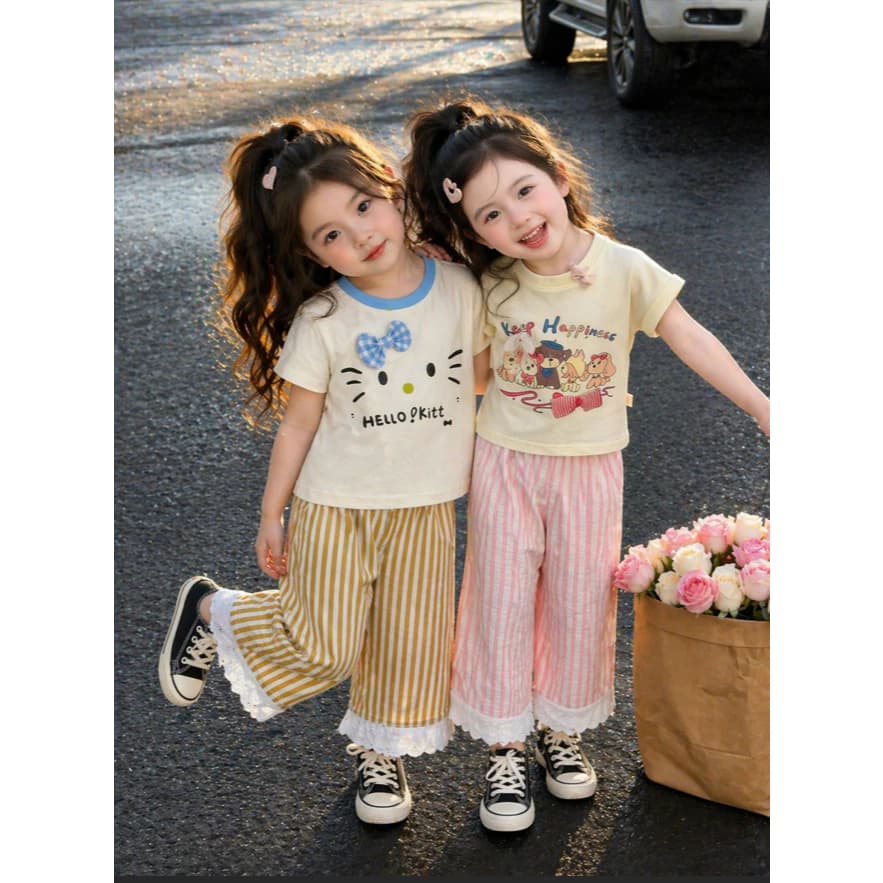 Sét Bộ Ống Suông In Hình Dễ Thương Cho Bé Gái chất Quần From Đứng Rộng Bé Mặc Thoải Mái Từ 13-45kg. Model: XUÔNG KẺ KT