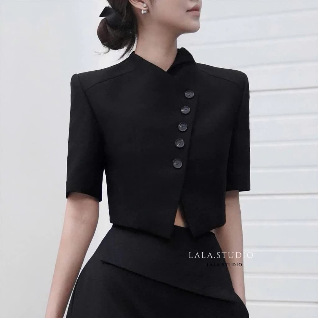 Fanny•LALASTUDIO• Set 2 món | Áo vest cộc tay cúc cài lệch kèm quần dài ống xuông cao cấp tiểu thư sang chảnh