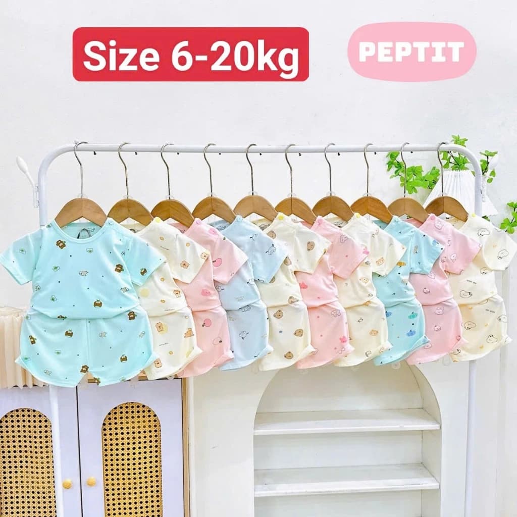 [A144 - Mềm, Mát] Bộ Cộc Tay Thun Lạnh PETIT Cổ Tròn,Cúc Vai, Nền Mầu Họa Tiết In Tràn Chất Vải Thun Lạnh Petit Mềm, Mát