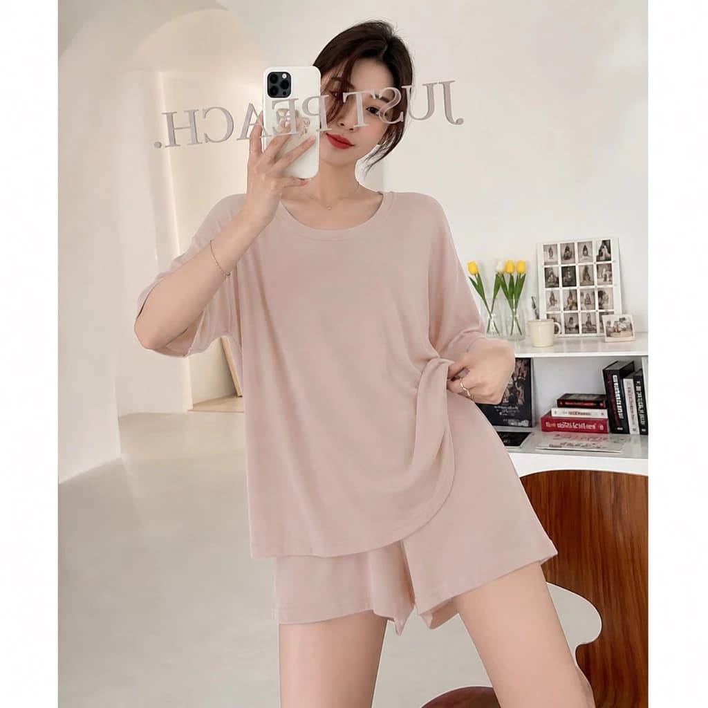 Bộ thun lạnh mặc nhà tay ngắn cổ tròn có Bigsize❤️LEESHU❤️bộ ngủ cotton lụa siêu mát tay lỡ quần đùi co giãn form rộng