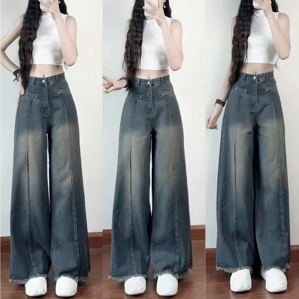 [COOLJEANS] QUẦN JEANS NỮ ỐNG RỘNG TÚI CƠI TUA GẤU CẠP CAO HÁCH DÁNG HOTTREND 2026