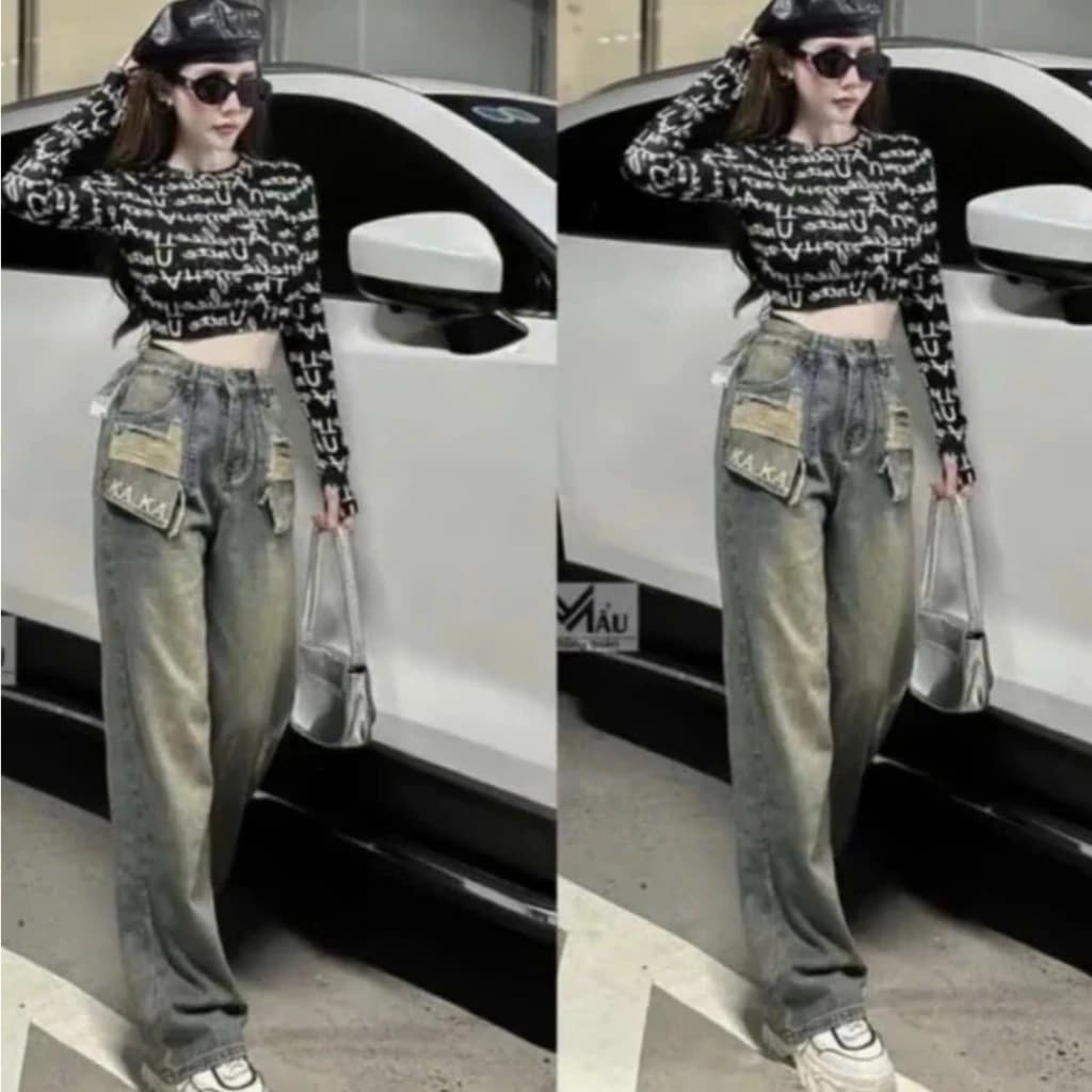 [COOLJEANS]Quần bò jeans ống rộng nữ thêu Kaka cạp cao dáng suông phong cách Hàn Quốc