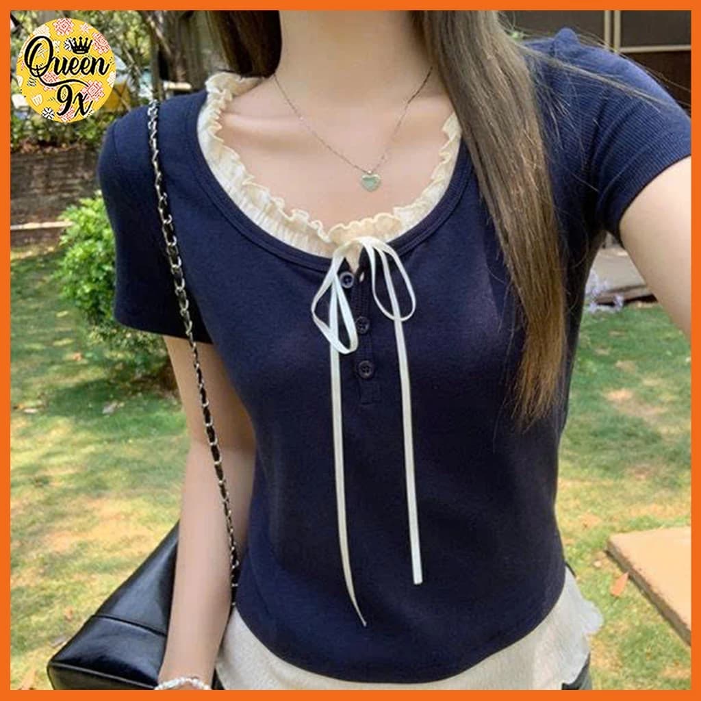 áo thun babytee  cổ ren buộc nơ dáng tiểu thư màu xanh than Freesize 30-50kg