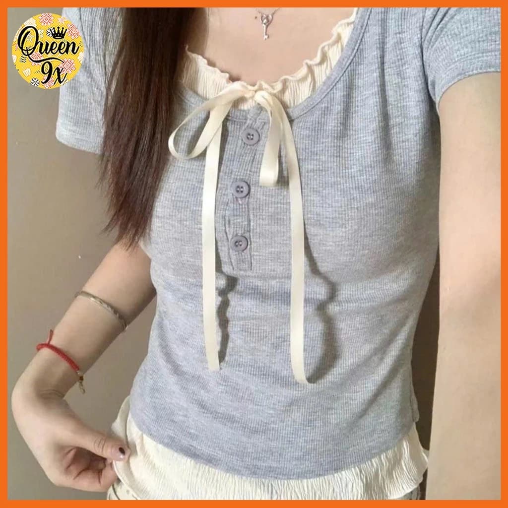 áo thun babytee cổ ren buộc nơ dáng tiểu thư màu xanh than Dễ Thương Freesize 30-50kg