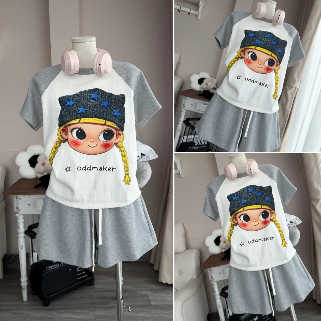 Sét bộ áo cổ tròn phom phông rộng dãi thoải mái kèm quần đùi in hình cô gái phong cách trẻ trung Genzstudio