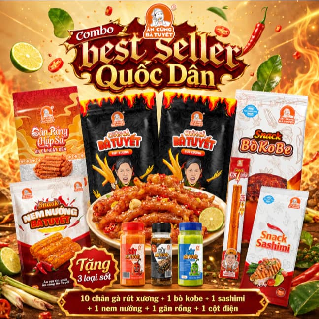 (Tặng 2 gói bim bim) Combo BEST SELLER QUỐC DÂN: 10 chân gà + 3 loại nước chấm + 5 loại snack ướt - ĂN CÙNG BÀ TUYẾT