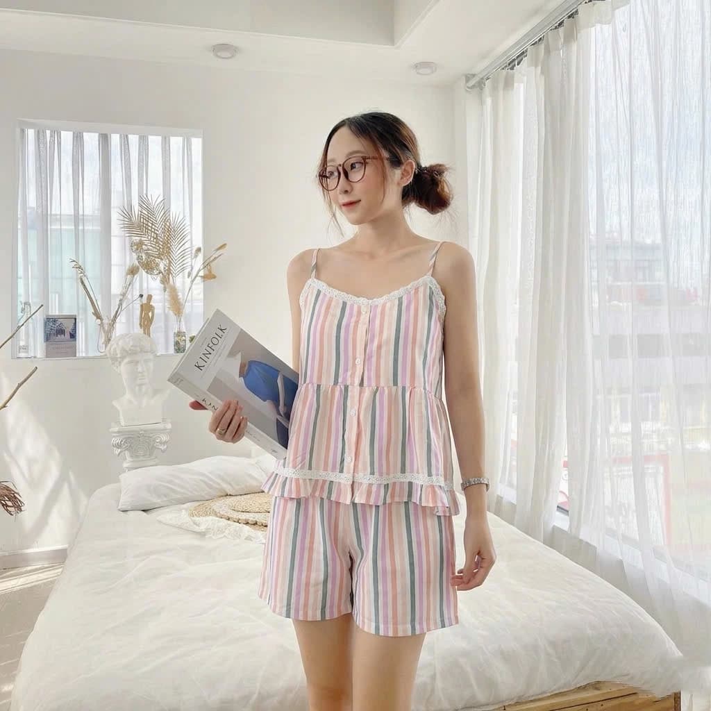 Bộ ngủ 2 dây bèo ngực dễ thương lịch sự chất voan lụa quần mango mềm đẹp thấm mồ hôi tốt