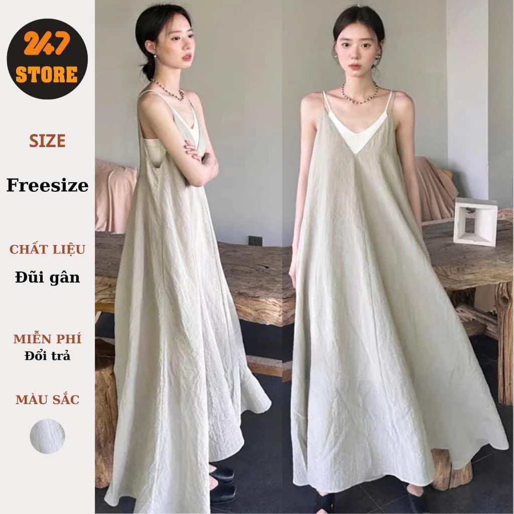 Đầm dài 2 dây dáng xoè vintage váy maxi đi biển tặng kèm quây rời - 247store