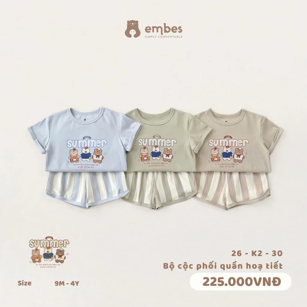 Bộ Cộc Cho Bé Embes, Bộ Cộc Tay In Họa Tiết "SUMMER'' Phối Quần Kẻ Sọc Cho Bé Trai Bé Gái Từ 8-17Kg