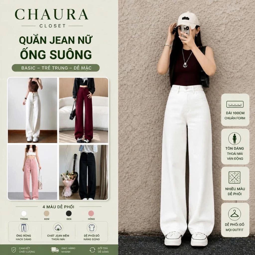 Quần Jean Ống Suông Nữ Lưng Cao Form Dài Basic Hàn Quốc – Quần Jeans Trơn Tôn Dáng Dễ Phối Đồ - Chaura Closet
