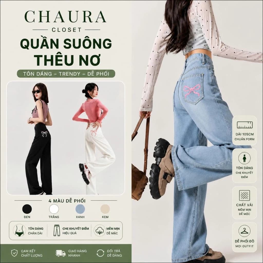 Quần Jean Nữ Ống Rộng Wash Bụi Thêu Nơ Túi Sau Phong Cách Hàn Quốc Cực Xinh - CHAURA CLOSET