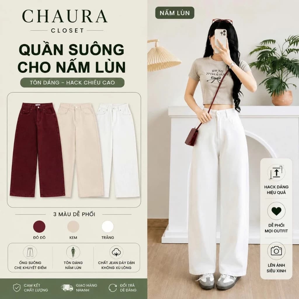 Quần JEAN dành cho NẤM LÙN, quần jean nữ chất Jean ống suông trơn dáng dài Basic lưng cao hách dáng - CHAURA CLOSET