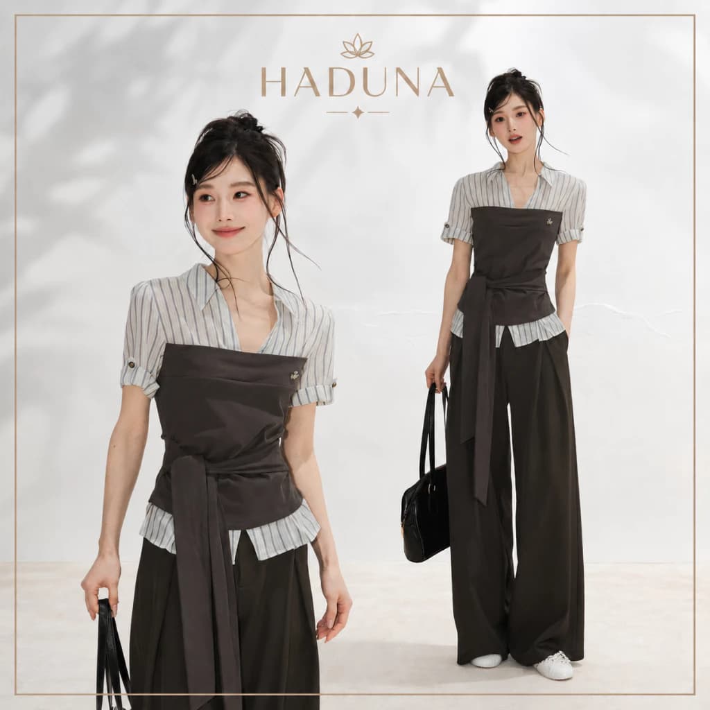 Set Đồ Nữ HADUNA Áo Sơ Mi Kẻ Phối Corset Buộc Eo Quần Suông Rộng Thời Trang Thanh Lịch SB006