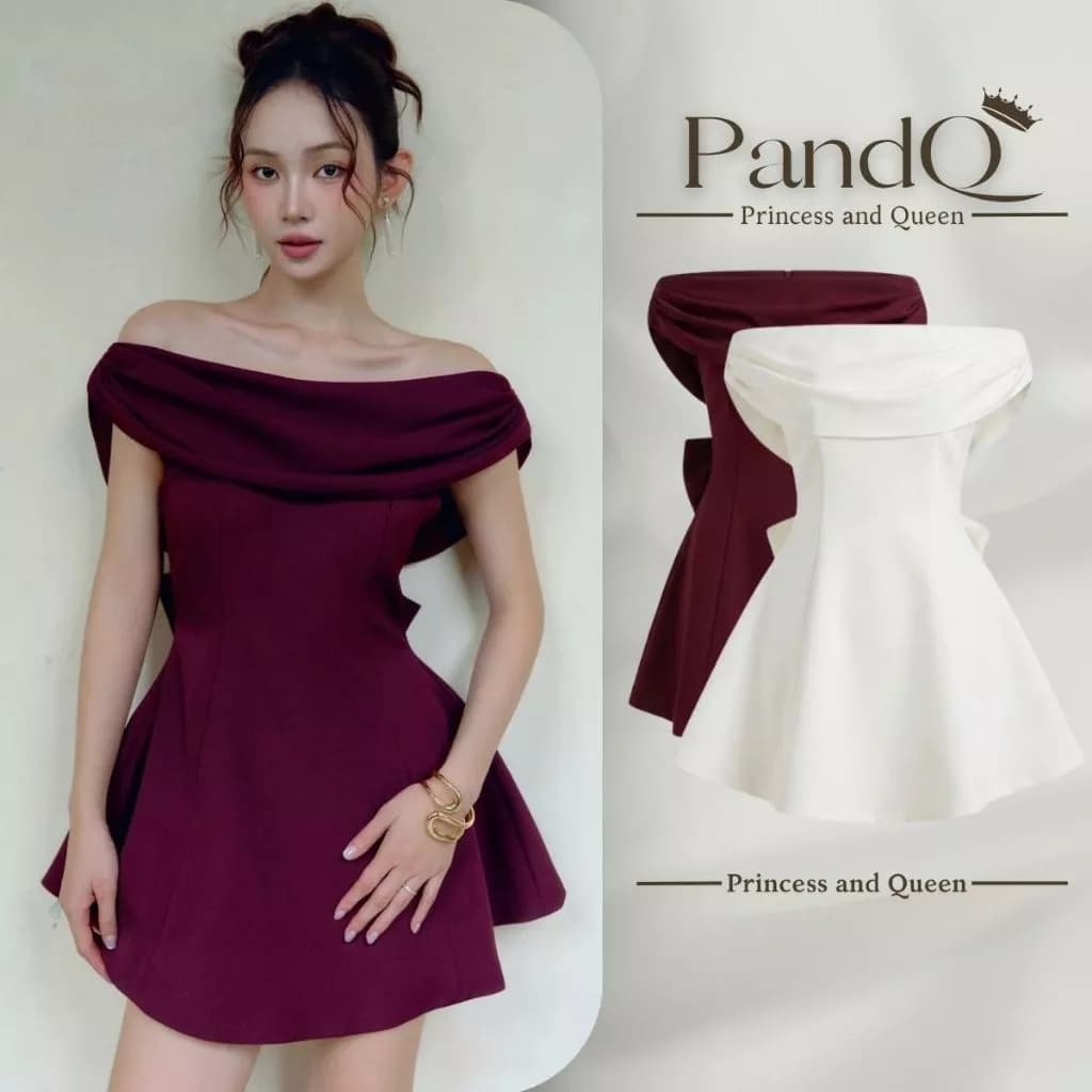 Váy trễ vai nữ P&Q hở lưng nơ sau lưng dáng xòe cao cấp phong cách tiểu thư | vd0121