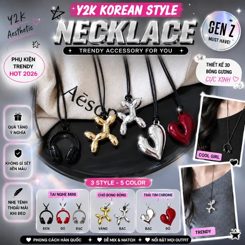 Dây Chuyền Nữ Y2K Hàn Quốc AK HOUSE Mặt Balloon Dog/Tai Nghe/Trái Tim Chrome Hot Trend TikTok Cực Xinh
