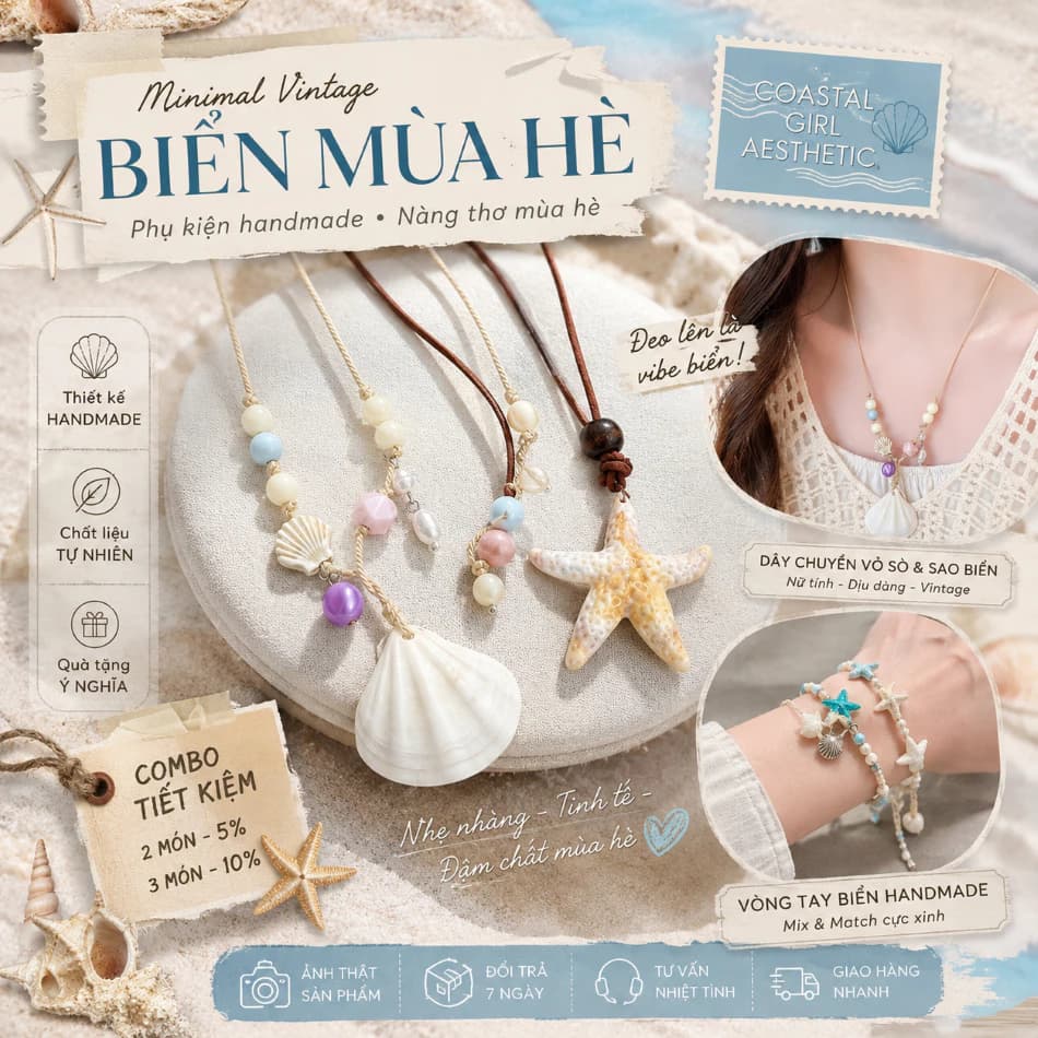Set Vòng Cổ & Vòng Tay Sao Biển Vỏ Sò Handmade Vintage Biển Cả Phong Cách Boho Nữ