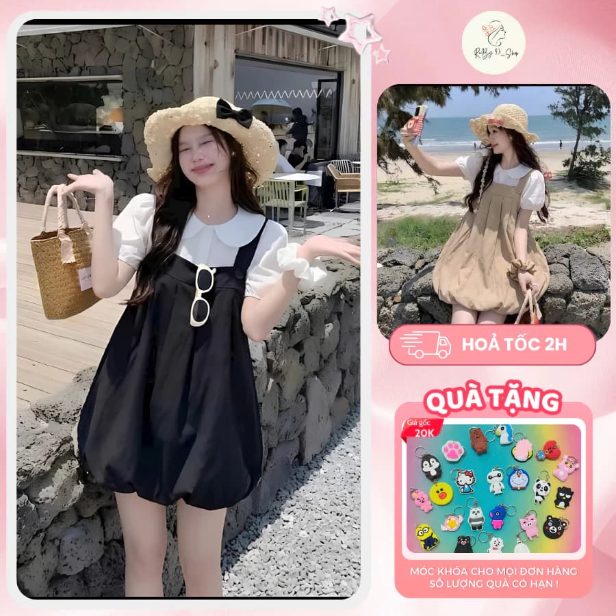 Set Váy Yếm Dáng Bí Kèm Áo Cổ Sen Tay Bo Chun Nữ, Set Váy Babydoll Phong Cách Hàn Quốc