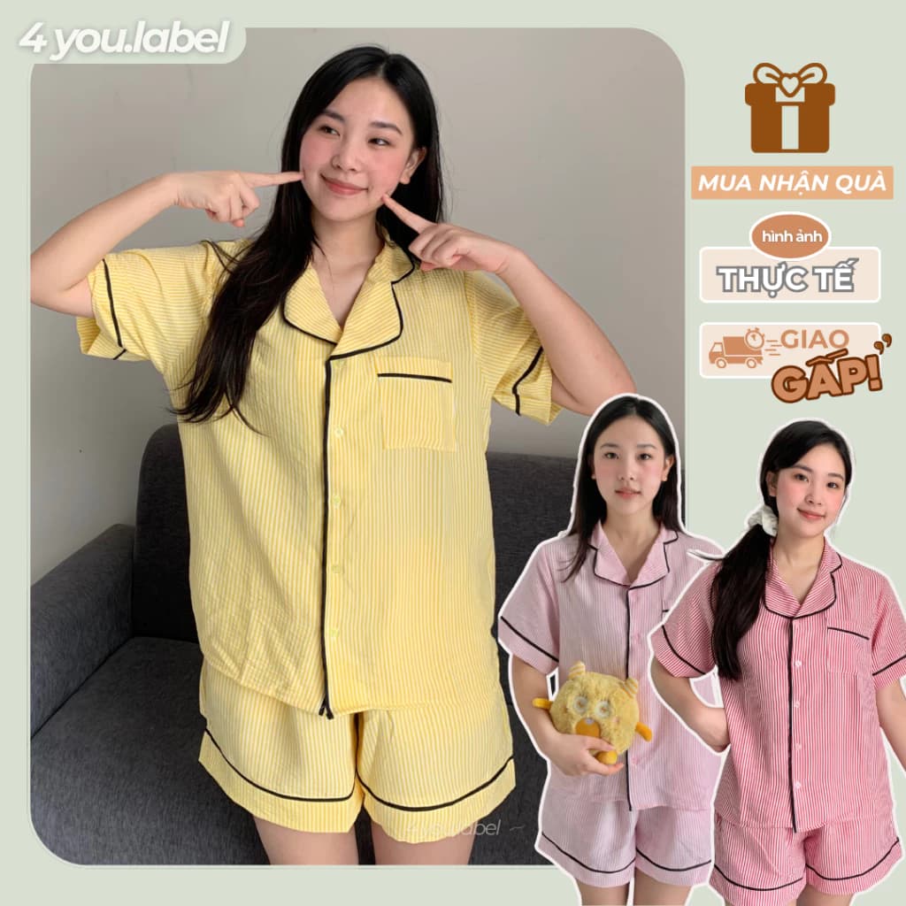 Bộ Pijama Nữ Ngắn Tay Kẻ Sọc Vải Đũi Xốp Vân Mây Thoáng Mát Form Rộng Dễ Mặc Phong Cách Trẻ Trung 4U.BN15 | 4YOU.LABEL